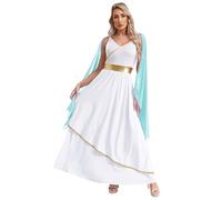 LiiYii Costume Imperatrice Romana Donna Toga Dea dell’Olimpo Costume da Antica Romana Abito Lungo con Drappo Applicato Costumi di Carnevale Halloween Azzurro M