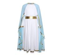 LiiYii Costumi Deluxe da Dea Greca Bambina Costume della Regina Egiziana Vestito Dea Romana con Mantello Chiffon Toga Antica Roma Abito da Travestimento Blu 5-6 anni