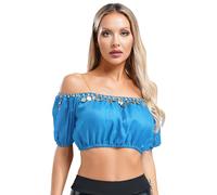 LiiYii Crop Top da Danza del Ventre Donna Bikini Reggiseno Paillettes Canottiera da Danza Classica Moterna Costume Belly Dance Indiano Arabo Performance Cielo blu Taglia unica