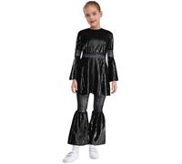 LiiYii Outfit Disco per Kids Ragazze Sparkly Metallico Plaid con Abito a Maniche Strette e Pantaloni Campana per Balli Disco Nero 5-6 anni
