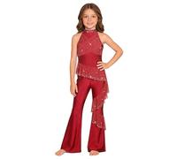 LiiYii Ragazze Tuta Intera da Pattinaggio Artistico con Paillettes e Volant Body Danza Classica Moterna Tutine Pantaloni a Gamba Larga Jumpsuit da Ballo Latino Borgogna 5-6 anni