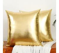 LiiZee Confezione da 2 federe decorative per cuscini moderne, metallizzate e lucide, in finta pelle, morbide, quadrate, per divano, letto, feste, 50 x 50 cm, oro