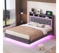 LIJBDDM Letto imbottito, con presa USB e luce LED, il letto può essere posizionato a testata, design con piedini nascosti, letto matrimoniale piatto, tessuto in lino (Gray + Upholstered, 140cm*200cm)
