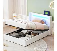 LIJBDDM Letto imbottito per bambini con striscia luminosa a LED, lettore Bluetooth e ricarica USB, letto contenitore in similpelle, letto a soppalco (White + Upholstered, 90cm*200cm)