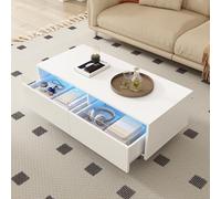 LIJBDDM Questo moderno tavolino da caffè a LED è dotato di un piano del cassetto ondulato, gambe dorate e bianche, due cassetti e una striscia luminosa a LED che cambia colore. (White + MDF)