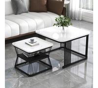 LIJBDDM Set di 2 tavolini moderni in MDF effetto marmo, tubo in acciaio bianco lucido, nero, 2 tavoli con dimensioni 65 x 65 x 45 cm e 45 x 45 x 39,5 cm