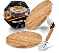 LIKAYA® Set di 2 piatti per pizza "Mario", rotondi con tagliapizza [diametro 35 cm grande] in legno di acacia certificato FSC® per pizza, torte, pane, formaggio e molto altro ancora