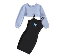 LIKCAISA Set di vestiti da bambina in due pezzi, senza maniche, con cami attillati, con maniche lunghe, per adolescenti, ragazze, abiti a farfalla 122, 128, 134, 140, 146, 152, 158, 164, Blu, 13-14