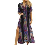 LikeJump Donna Cotone Stampato Caftan Abito da Spiaggia Maxi Parei Copri Bikini Costume da Bagno Cover Up