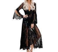 LikeJump Donna Pizzo Floreale Trasparente Caftan Vestito Lungo da Spiaggia Abito Maxi Parei Costume da Bagno Cover Up