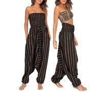 likemary Tuta Jumpsuit Donna in Cotone Stile Harem - Tirare Giù per fare Harem Pants - 2-in-1 Vestito - Tuta Intera Estiva & Pantaloni Harem con Tasche - Strisce Oro Nero Stampate