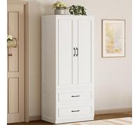 LIKIMIO Armadio, armadio con 2 ante e 2 cassetti, 177,8 cm di altezza x 50,8 cm di profondità, in legno, per camera da letto, armadio autoportante, combinazione per appendere vestiti, bianco