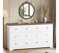LIKIMIO Comò a 6 cassetti per camera da letto con maniglie colorate/nere opzionali, cassettiera in legno larga 150 cm, organizer per cassettiere con binario scorrevole in metallo, per soggiorno