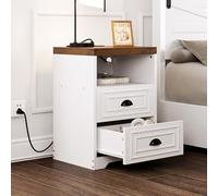 LIKIMIO Comodino da fattoria, Power Strip, tavolino moderno con piano ispessito, comodino con 2 cassetti con contenitore, per camera da letto, marrone rustico e bianco