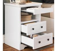 LIKIMIO Comodino moderno con 3 cassetti, ripiano aperto, tavolino con vassoio estraibile, tavolino in legno, bianco