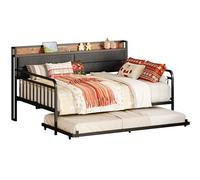 LIKIMIO Daybed con struttura letto matrimoniale in metallo robusto, con testiera imbottita e stazione di ricarica, per soggiorno, camera da letto e camera degli ospiti, nero
