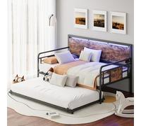 LIKIMIO Dormeuse con letto singolo, in legno e metallo, con luci LED, stazione di ricarica, struttura in metallo resistente con supporto a doghe in acciaio, marrone vintage