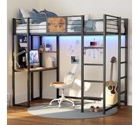 LIKIMIO Letto a soppalco doppio in metallo con scrivania e ripiani per adolescenti e adulti, telaio letto a soppalco con 2 scale integrate, presa di corrente e illuminazione a LED, guadagno di spazio