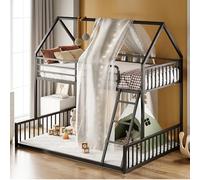 LIKIMIO Struttura letto a castello doppia con scala e guardrail, a forma di casa con doghe in metallo, supporto senza bisogno di molle, salvaspazio, per camera da letto e dormitorio, nero