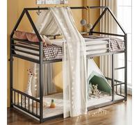 LIKIMIO Struttura letto a castello doppia con scala e guardrail, a forma di casa con doghe in metallo, per dormitorio e camera da letto, salvaspazio, non necessita di molle, nero