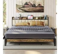 LIKIMIO Struttura per letto king size, testiera portaoggetti con stazione di ricarica, solida e stabile, senza rumore, senza bisogno di molle contenitive, facile da montare (noce e beige)