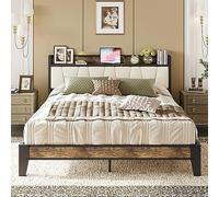 LIKIMIO Struttura per letto queen size, testiera portaoggetti con stazione di ricarica, solida e stabile, senza rumore, senza bisogno di molle, facile da montare (noce e beige)