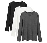 LiKing Maglietta a Maniche Lunghe Donna con Scollo Tondo Cotone Elegante Basic T-Shirt Girocollo a Maniche Lunghe Leggero Top Casual Tee Shirt 3er Pack Nero Bianco Grigio Scuro Small BWG