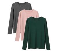 LiKing Maglietta a Maniche Lunghe Donna T-Shirt Girocollo Cotone T Shirt Donna Manica Lunga Classica Donna con Scollo Tondo 3er Pack Verde Scuro Rosa Grigio X-Large GPGE