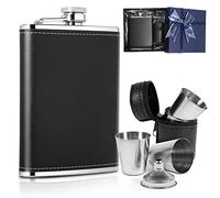 LILABIENE® Set regalo di fiaschetta in pelle e acciaio inox, 236 ml, colore nero, con 4 bicchieri, imbuto per uomini, cacciatori, escursioni, caccia, festa del uomo, festa del papà, pascolo