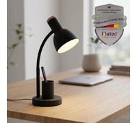 LiLaTec Lampada da scrivania a LED con cavo, lampada da tavolo per camera dei bambini, ufficio e camera da letto, con portapenne e dettagli in legno, lampada da comodino