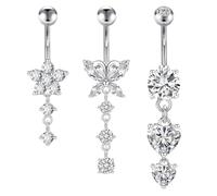 Lilbitty 3 piercing per ombelico da 10 mm, in argento, in acciaio chirurgico, a forma di cuore, farfalla, fiore