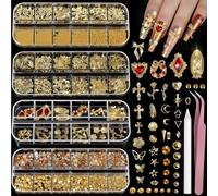 Lilbitty Gold Nail Charms e Nail Gems Set, 4 Cofanetti di Perline per Unghie e Strass, 3D Croce Cuore Charms per Unghie, Accessori Nail Art con Pinzetta e Penna a Cera