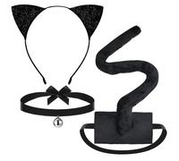 Lilbitty Set di 3 cerchietti per capelli con orecchie di gatto, coda di gatto e campanelle, colore nero, costume da catwoman per donne, costume da gatto per bambini, accessori per cosplay per