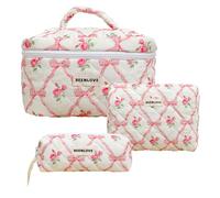 Lilbitty Set di 3 sacchetti per cosmetici rosa, grande borsa da viaggio con design floreale, borsa da toilette imbottita in cotone per donne e ragazze, design estetico con civetta per la cura e i