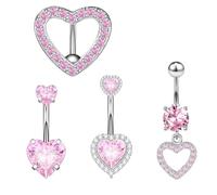 Lilbitty Set di 4 anelli per capezzolo e anello per ombelico, in acciaio inox, rosa scintillante, a forma di cuore, per capezzolo, per il corpo