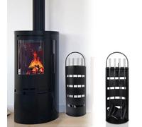 LILIIN Set di 5 accessori per camino, in acciaio inox, con scopa, pala, gancio, pinza e supporto con protezione per la privacy, nero