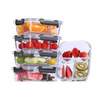 Liliume Contenitore in vetro con coperchio Meal Prep, 2 & 3 scomparti (4 pezzi, 1040 ml) con coperchio, controllo delle porzioni, ermetico, sicuro per forno e congelatore