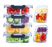 Liliume Meal Prep Box - Contenitore in vetro 2 e 3 scomparti (4 pezzi, 1040 ml) con coperchio, controllo delle porzioni, ermetico, sicuro per forno e congelatore