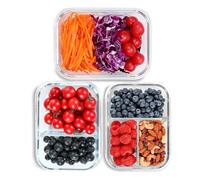 Liliume Meal Prep Box - Set di 3 contenitori per alimenti con coperchio, 1040 ml, 1 & 2 e 3 scomparti, per controllo delle porzioni, ermetici, per forno e congelatore