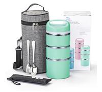 Lille Home 1380ml Contenitore per Pranzo/Snack con Scomparto Termico impilabile in Acciaio Inossidabile, Contenitore per Bento/Alimenti isolato a 3 Livelli con Borsa per il Pranzo (Verde)