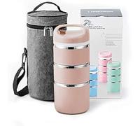 Lille Home 1380ml Contenitore per Pranzo/Snack con Scomparto Termico impilabile in Acciaio Inossidabile, Contenitore per Bento/Alimenti isolato a 3 Livelli con Borsa per il Pranzo (Oro)