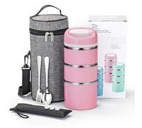 Lille Home 1380ml Contenitore per Pranzo/Snack con Scomparto Termico impilabile in Acciaio Inossidabile, Contenitore per Bento/Alimenti isolato a 3 Livelli con Borsa per il Pranzo (Rosa)