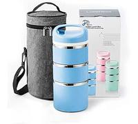 Lille Home 1380ml Contenitore per Pranzo/Snack con Scomparto Termico impilabile in Acciaio Inossidabile, Contenitore per Bento/Alimenti isolato a 3 Livelli con Borsa per il Pranzo (Blu)