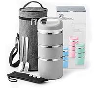 Lille Home 1380ml Contenitore per Pranzo/Snack con Scomparto Termico impilabile in Acciaio Inossidabile, Contenitore per Bento/Alimenti isolato a 3 Livelli con Borsa per il Pranzo (Grigio)