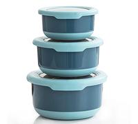 Lille Home Contenitori per alimenti in acciaio inox di alta qualità, con esterno antiscivolo, set di 3, 420 ml, 730 ml, 1,2 l, a prova di perdite, senza BPA, controllo delle porzioni (blu)