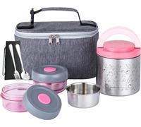 Lille Home Set di box da pranzo bento 1065 ml, bento/snack box isolato a vuoto mantenendo il cibo caldo, con 2 contenitori, sacca da pranzo, set di posate