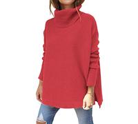 Lillusory Maglione da donna a dolcevita, oversize, a maniche lunghe a pipistrello, orlo sfilacciato, tunica, maglione lavorato a maglia, Rosso cocomero, L