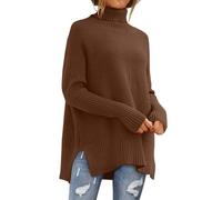 Lillusory Maglioni da Donna Oversize a Collo Alto, a Maniche a Pipistrello, a Coste, per l'autunno, Marrone, XL