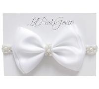 LilPinkGoose Cerchietto per battesimo con perle e fiocco bianco con fiocco in raso, fascia con strass e perle (6-12 mesi), 6-12 mesi)
