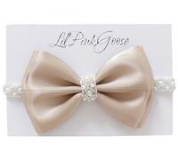 LilPinkGoose Cerchietto per battesimo per neonati 0-12 anni, con perle, fiocco bianco, fascia per battesimo con fiocco in raso, fascia con strass e perle (kaki (da 1 anno in su), da 1 anno in su)